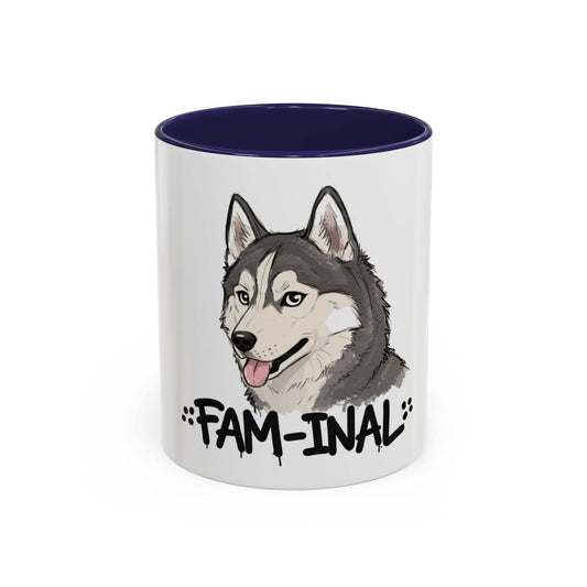 LuckeLadybug husky coffee mug with cartoon husky face and fam-inal text in black on white mug