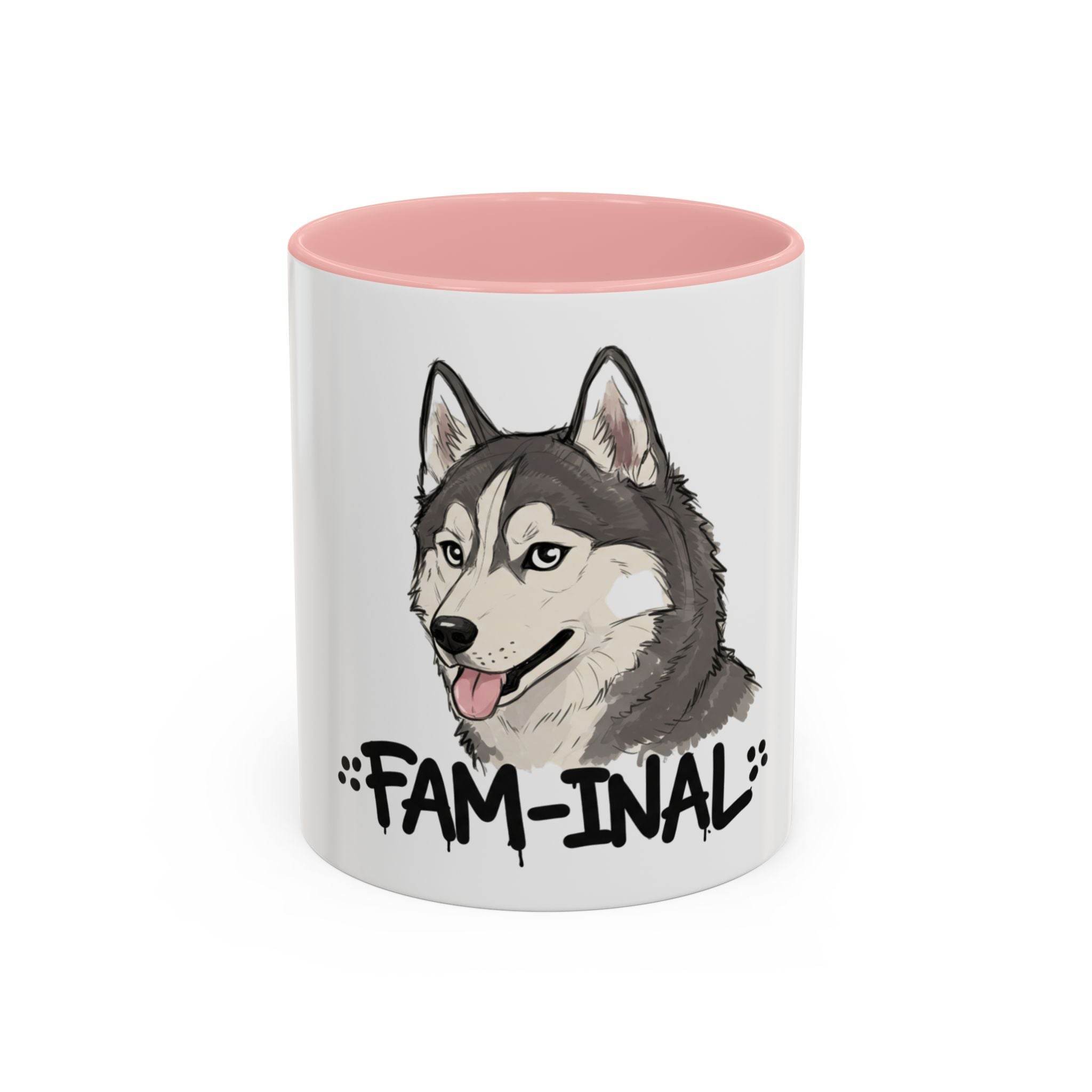 White husky coffee mug with pink interior featuring a cartoon husky and Fam-Inal text
