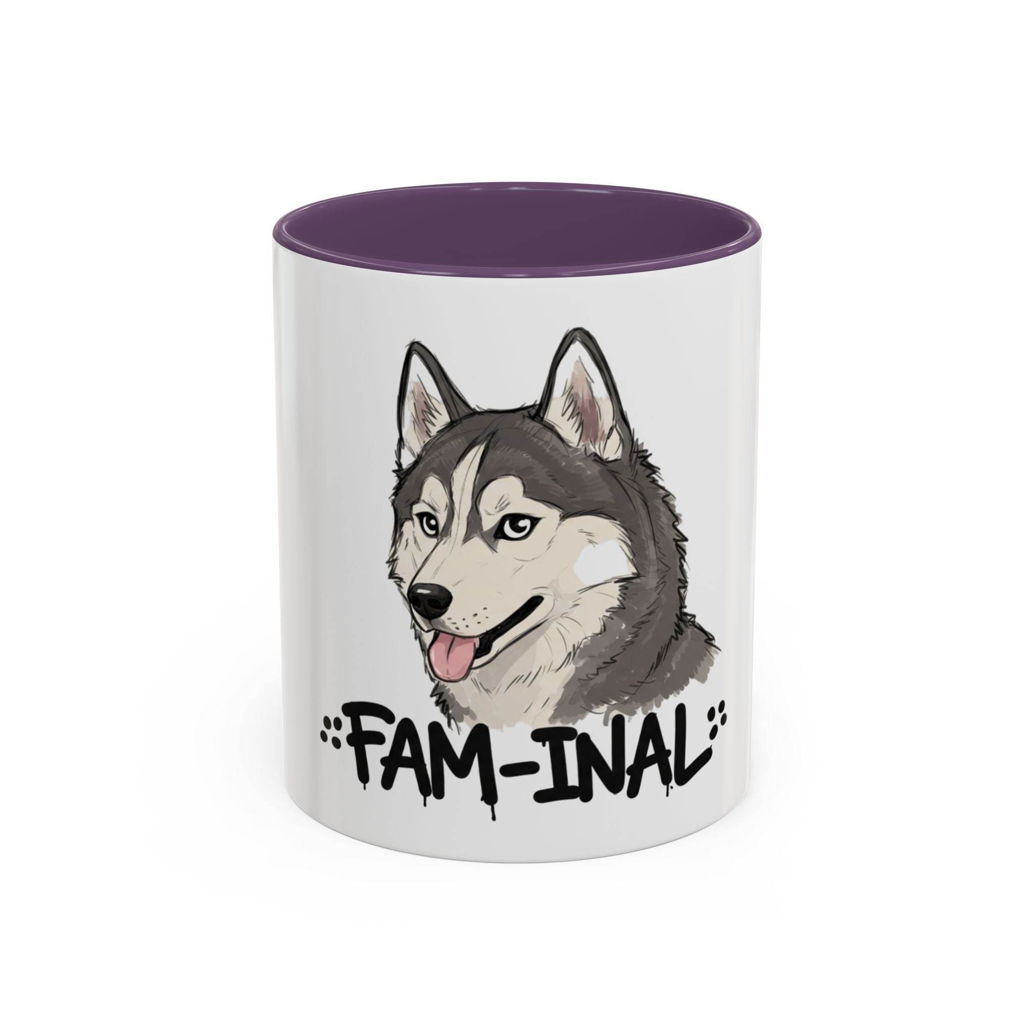 LuckeLadybug husky coffee mug with cartoon husky dog and fam-inal text on white ceramic