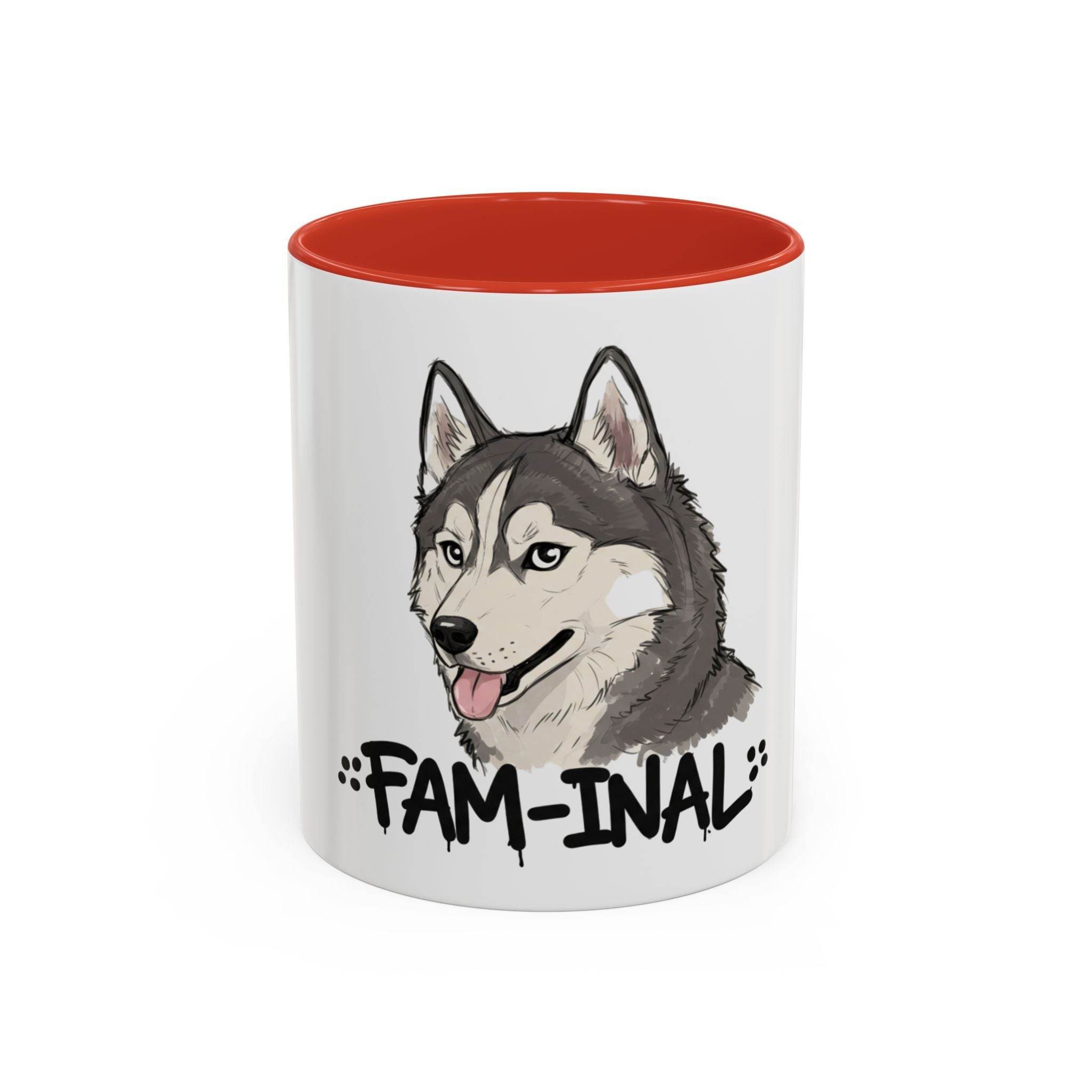 LuckeLadybug husky coffee mug with red interior and cartoon husky dog illustration labeled FAM-INAL