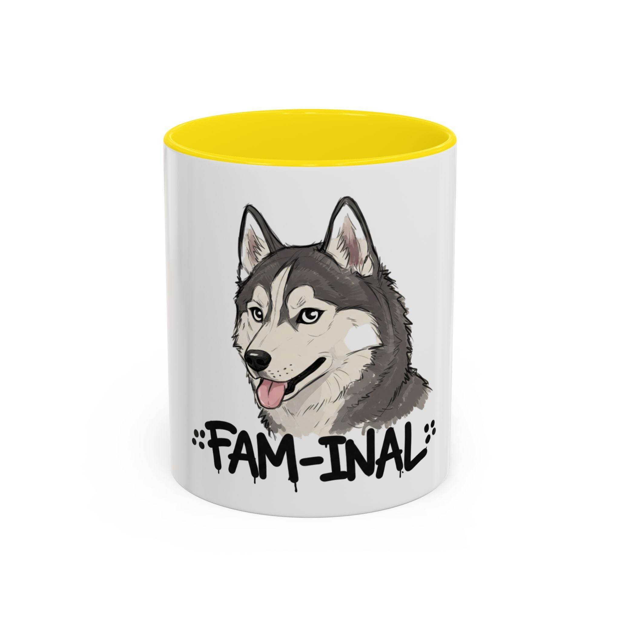 LuckeLadybug husky coffee mug with yellow interior and cartoon husky face with FAM-INAL text