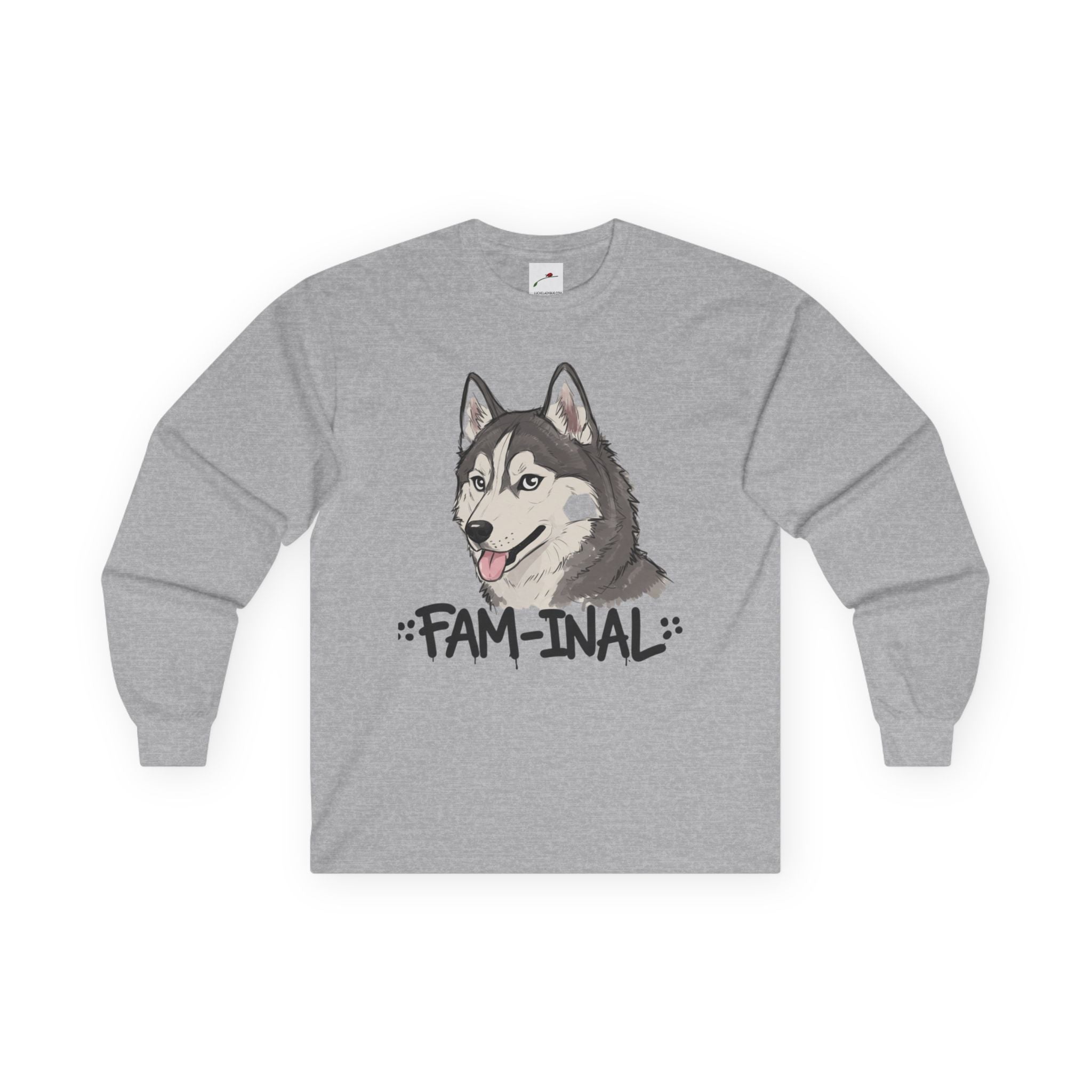 LuckeLadybug gray husky dog long sleeve shirt with cartoon husky and FAM-INAL text