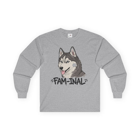 LuckeLadybug gray husky dog long sleeve shirt with cartoon husky and FAM-INAL text