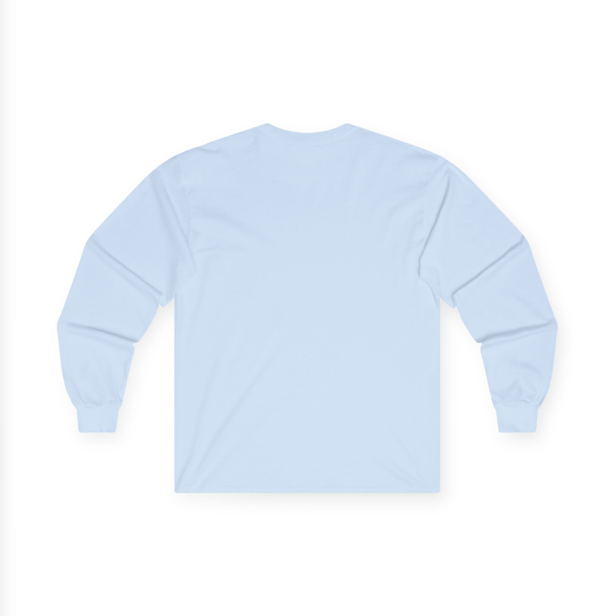 Back view of light blue husky dog long sleeve shirt by LuckeLadybug with ribbed cuffs