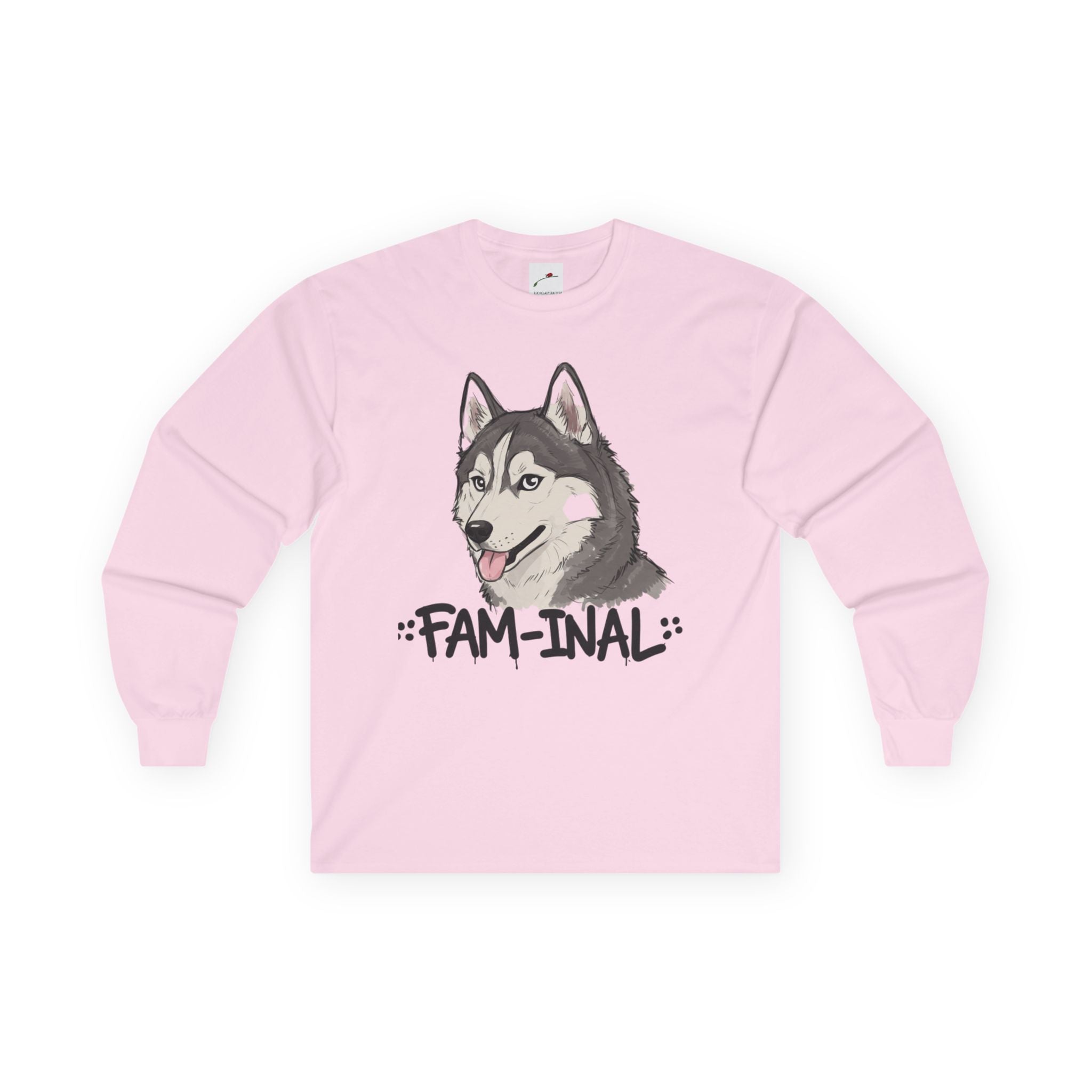 LuckeLadybug husky dog long sleeve shirt in light pink with a cute husky face and FAM-INAL text