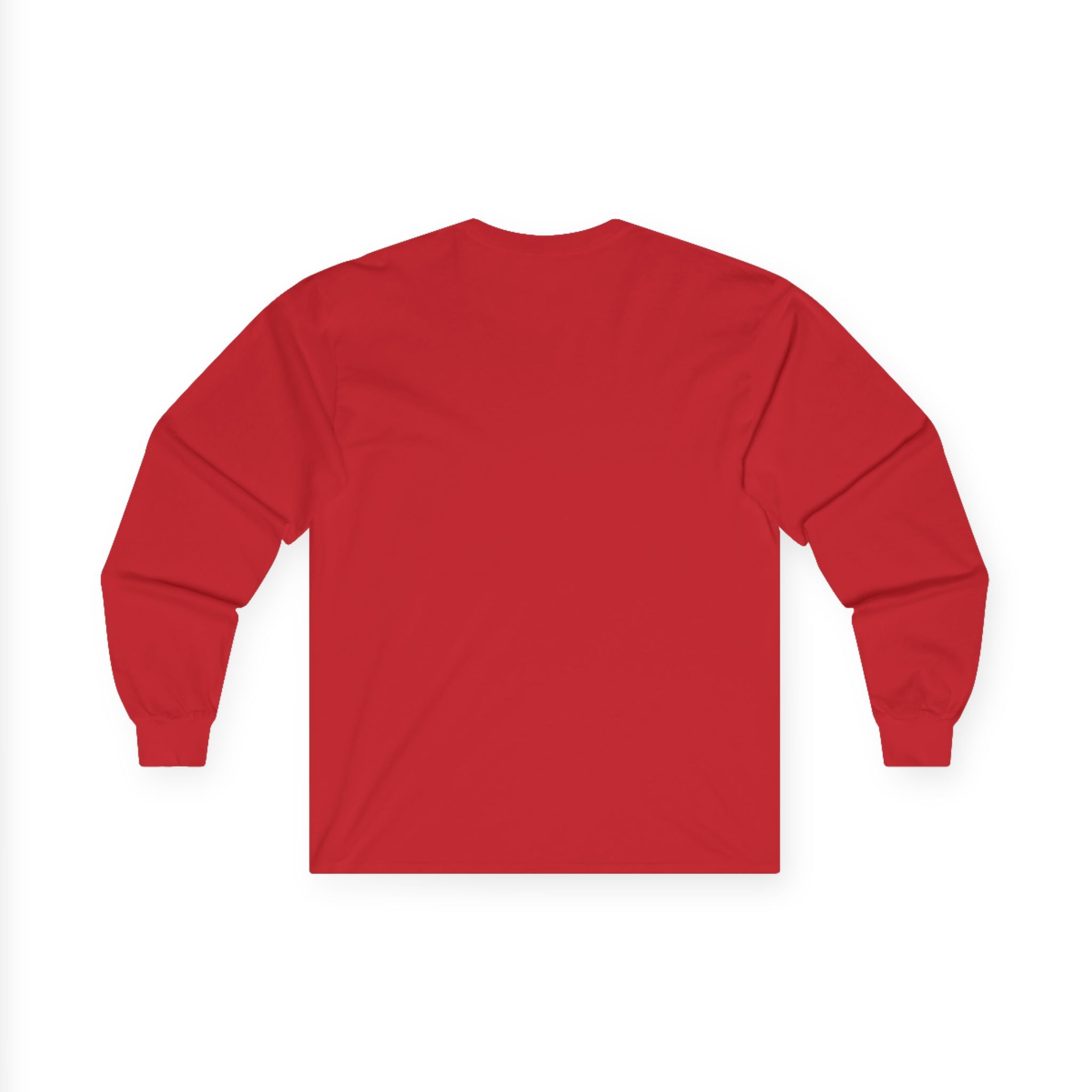 Red husky dog long sleeve shirt by LuckeLadybug shown from the back with ribbed cuffs
