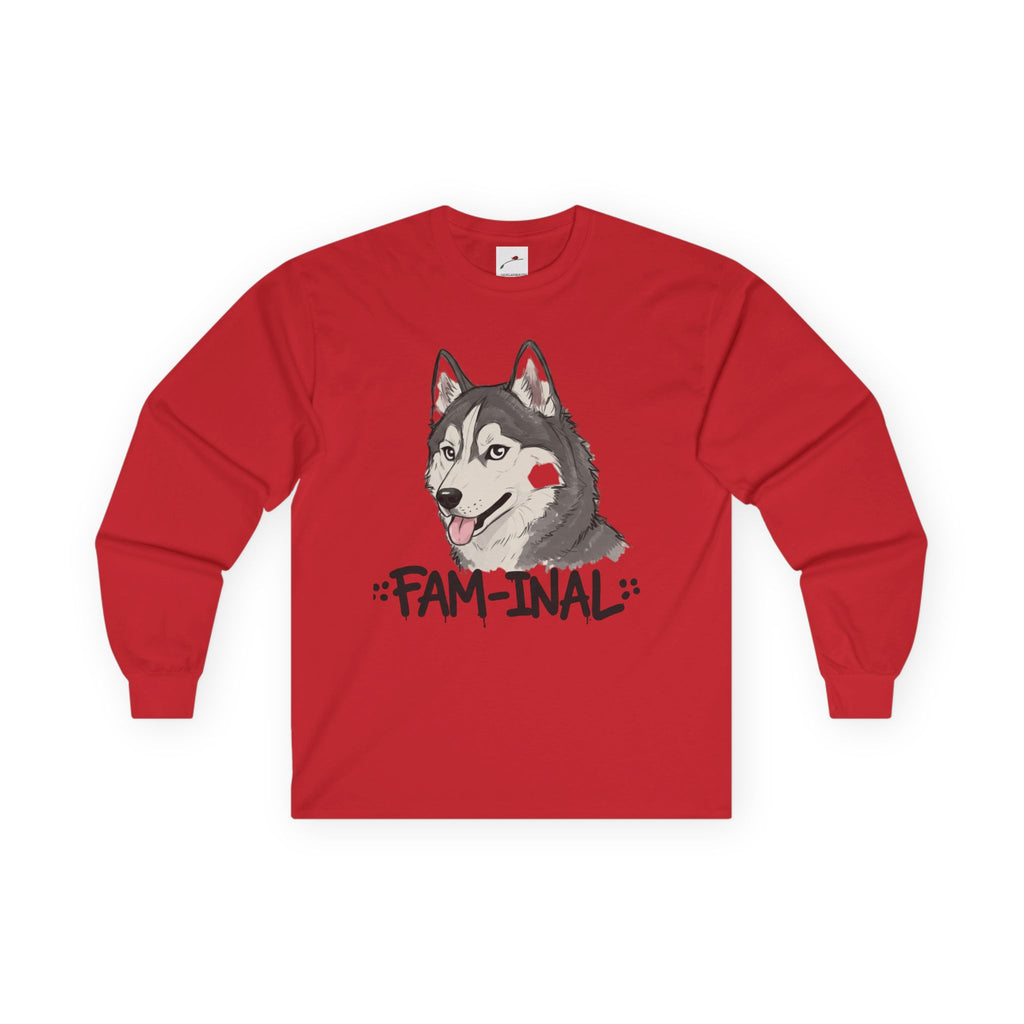 Red husky dog long sleeve shirt with cartoon husky face and FAM-INAL text graphic
