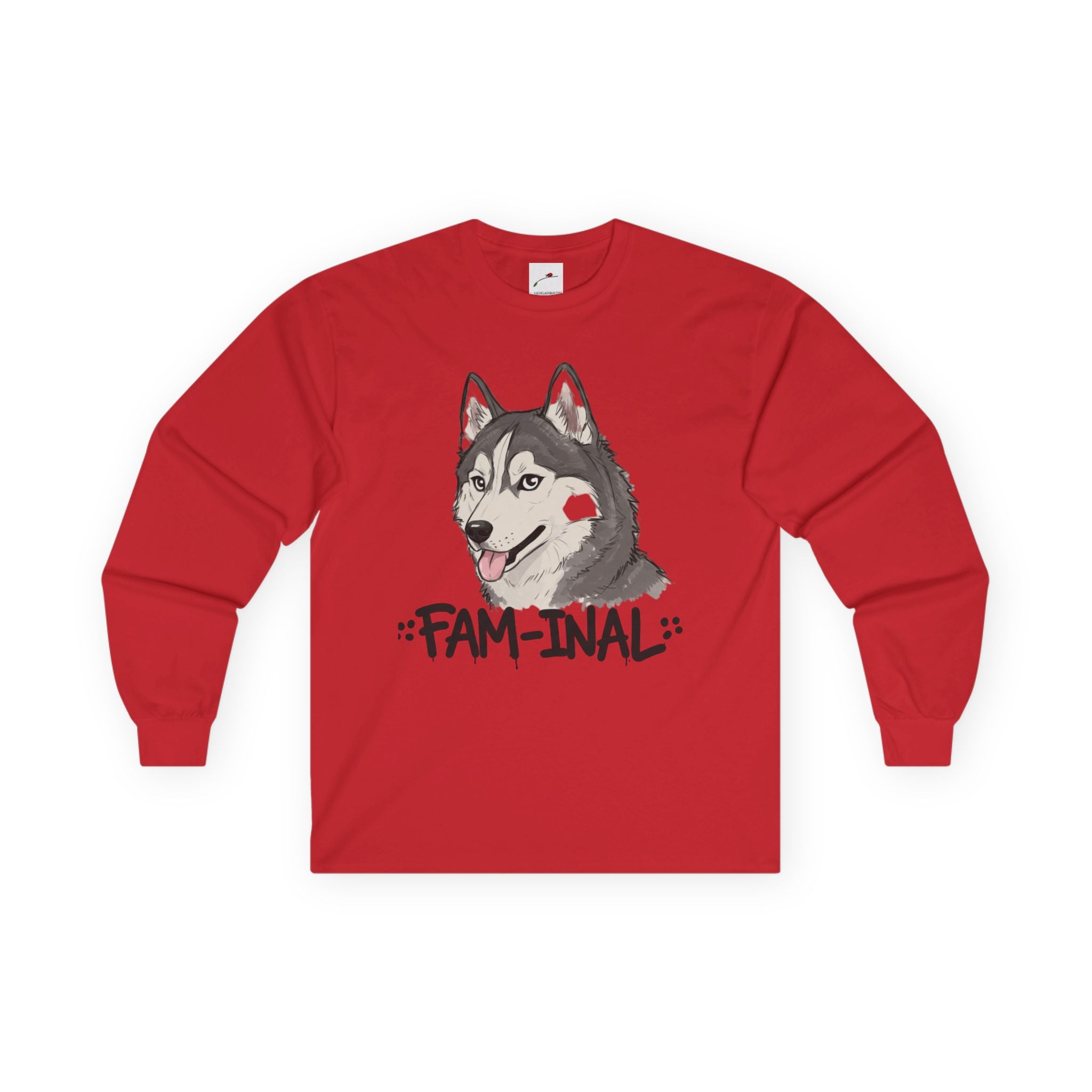 Red husky dog long sleeve shirt with cartoon husky face and FAM-INAL text graphic