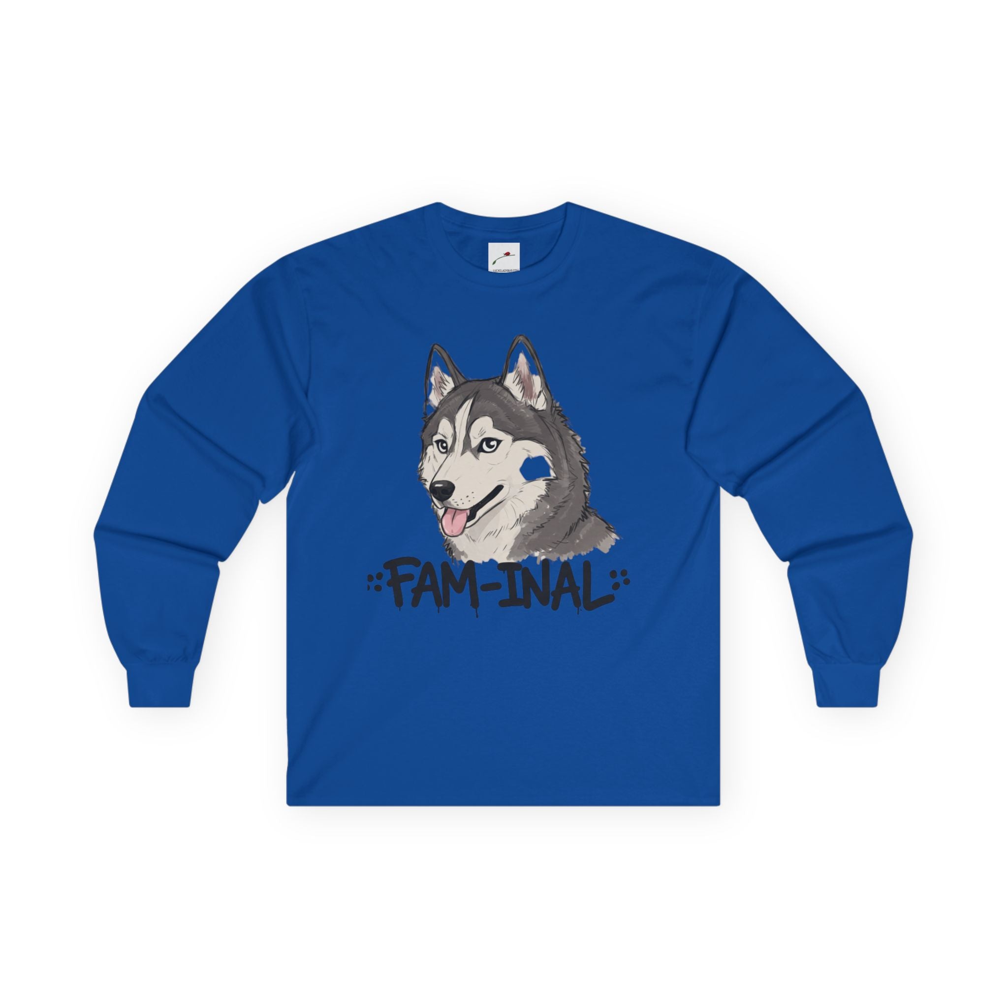 Blue husky dog long sleeve shirt with a husky graphic and FAM-INAl text by LuckeLadybug