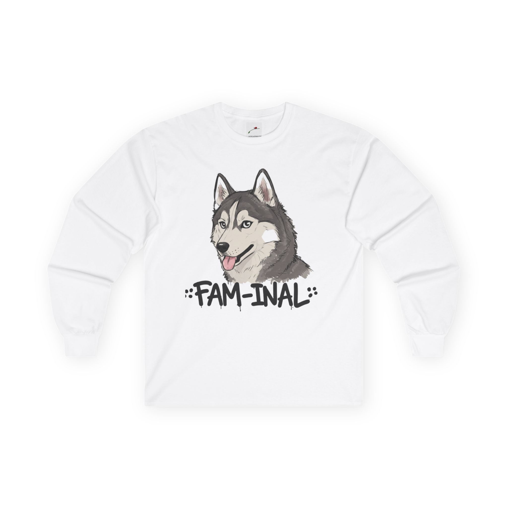 White husky dog long sleeve shirt with a graphic of a happy husky and FAM-INAL text