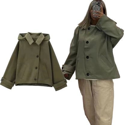 LuckeLadybug LLC women's cropped windbreaker jacket in olive green with button closure and oversized fit