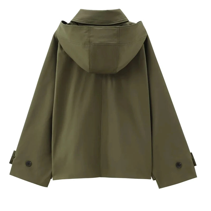 Back view of a women's cropped windbreaker jacket in olive green with a hood and stylish oversized sleeves