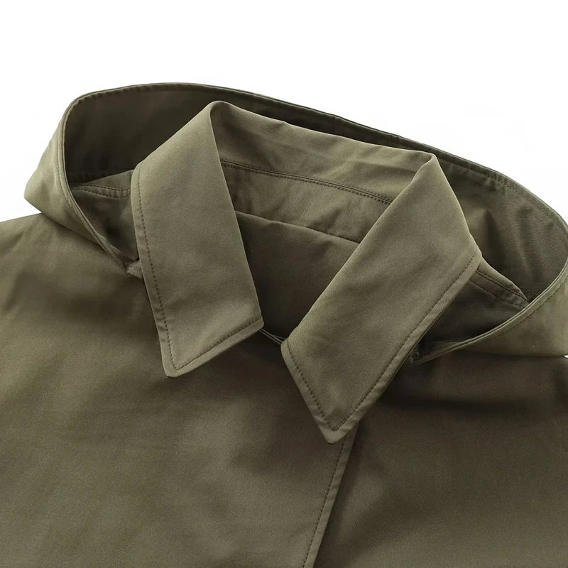 LuckeLadybug LLC women's cropped windbreaker jacket in olive green with stylish collar design