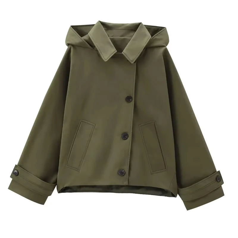 Olive Green Women's Cropped Windbreaker Jacket with Hood and Button Closure