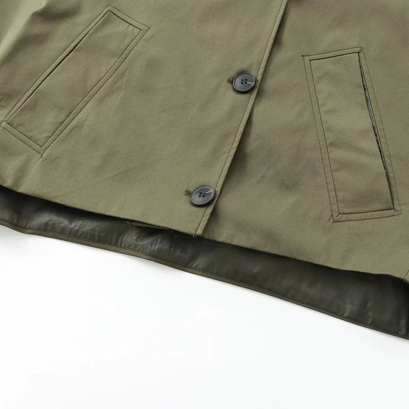Olive Green Women's Cropped Windbreaker Jacket with Button Detail and Pockets