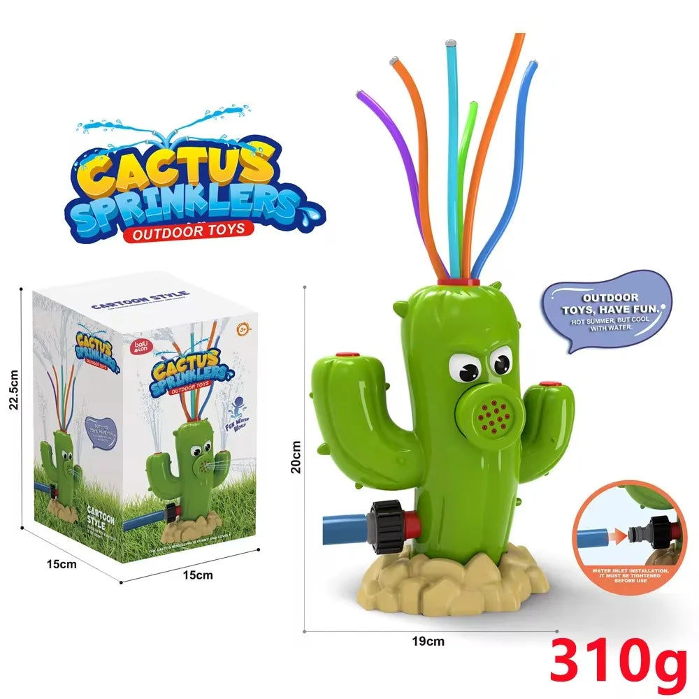 LuckeLadybug Cactus Sprinkler for kids with colorful hoses resembling a fire hydrant fire