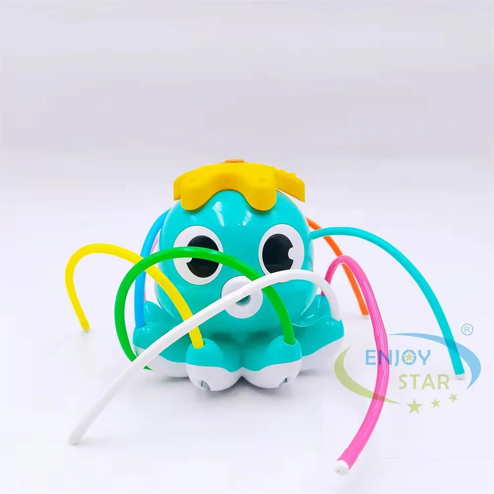 LuckeLadybug Sprinkler in the shape of a blue octopus with colorful water jets for fun summer play, featuring fire hydrant fire