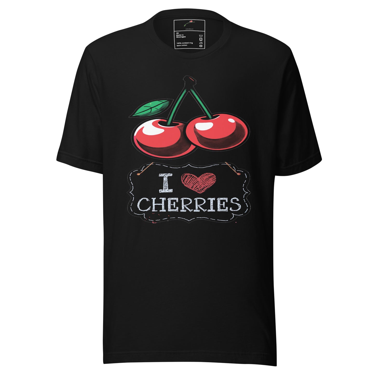 LuckeLadybug I Love Cherries men's t-shirt in black with cherry graphic design
