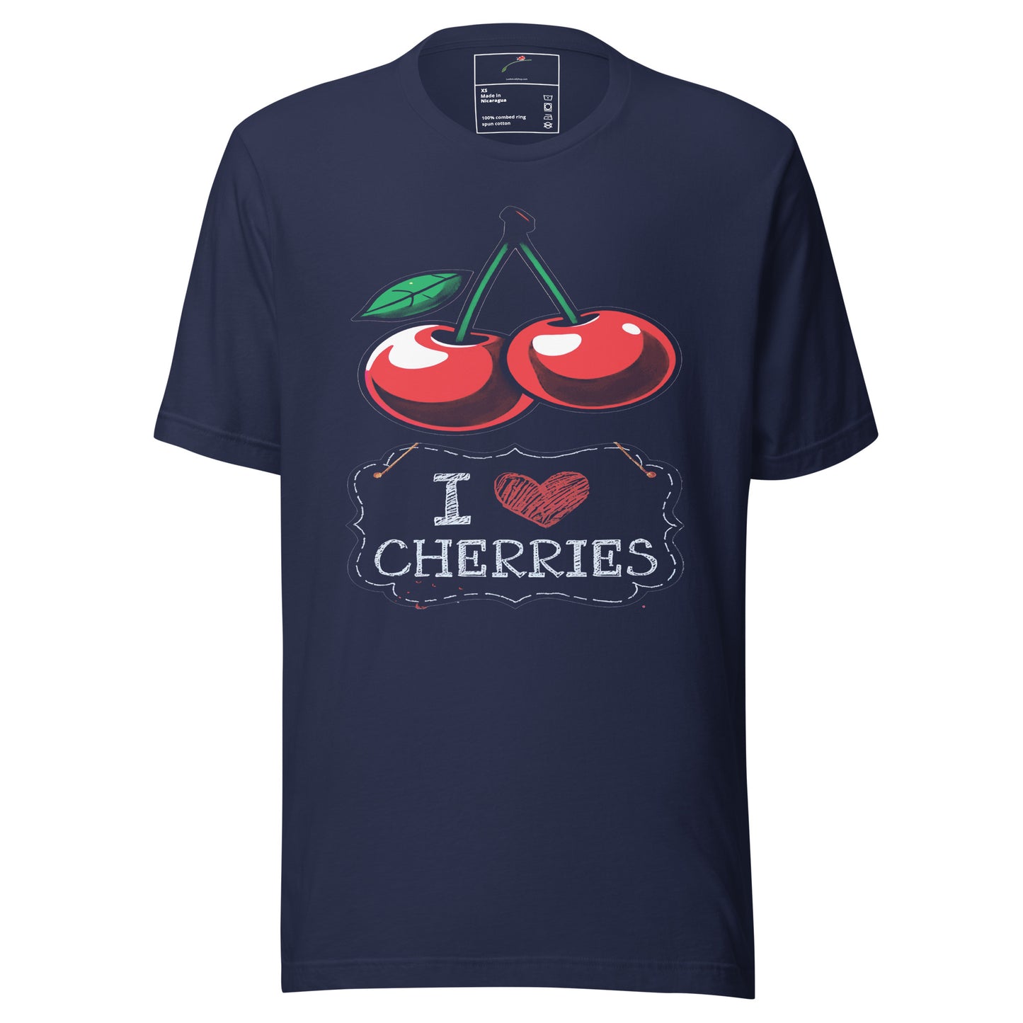 Navy I Love Cherries men's t-shirt featuring playful cherry graphics and fun design