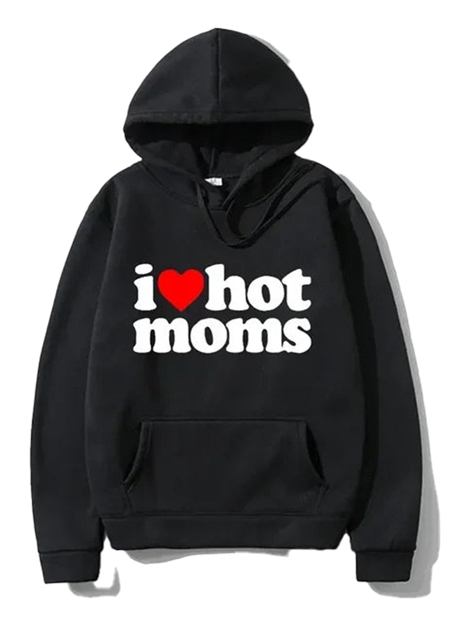 Black hoodie featuring the text I Love Hot Moms in bold white and red for a fun casual look