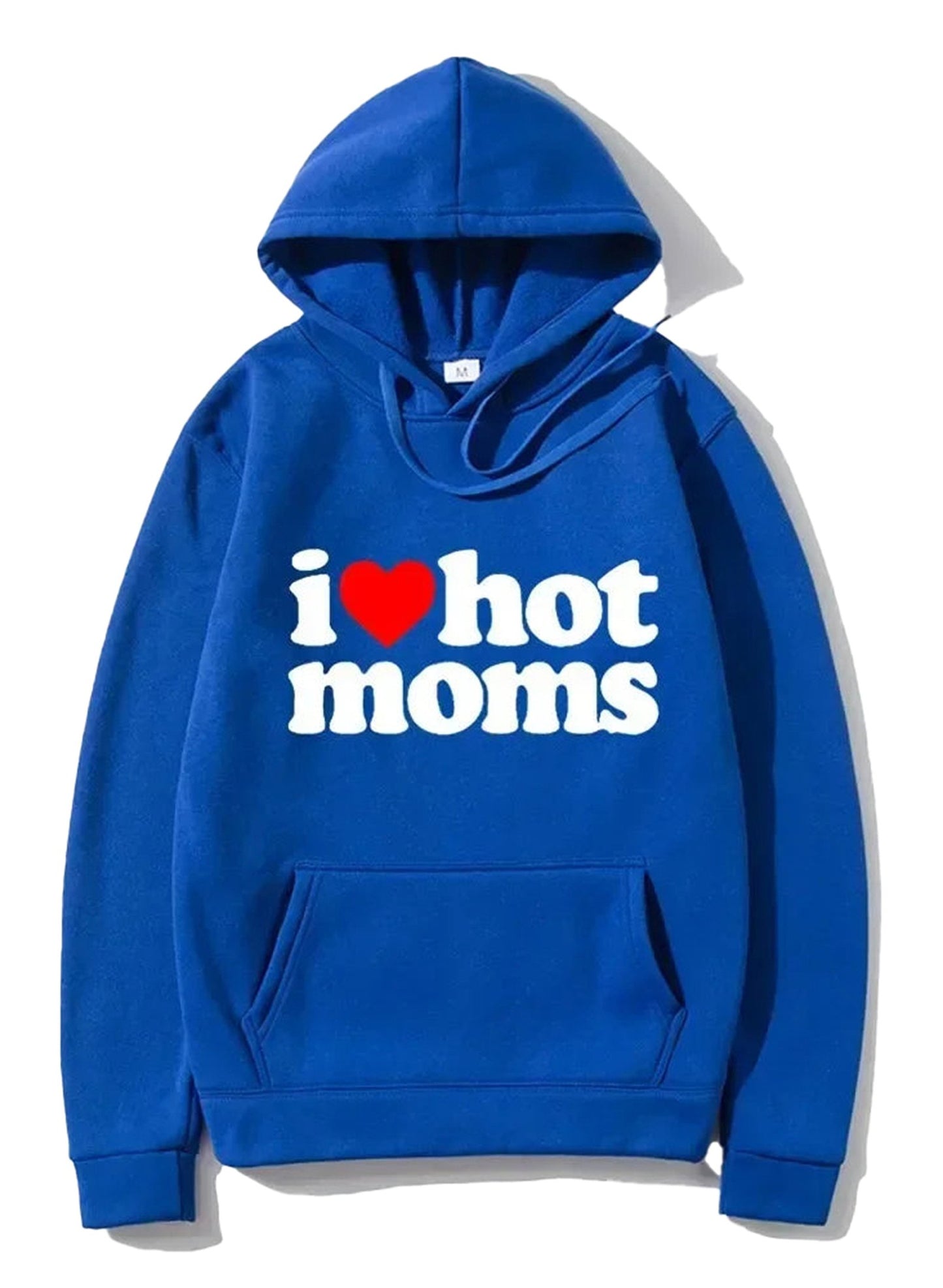 Blue I Love Hot Moms hoodie featuring a vibrant graphic design and front pocket