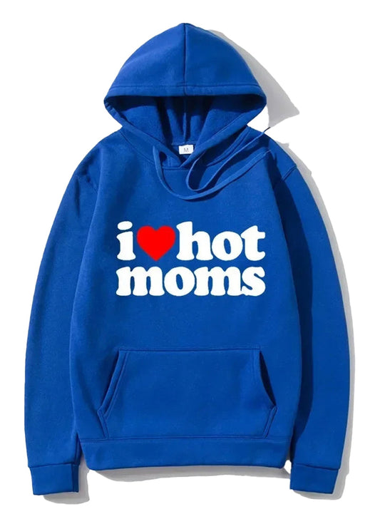 Blue I Love Hot Moms hoodie featuring a vibrant graphic design and front pocket