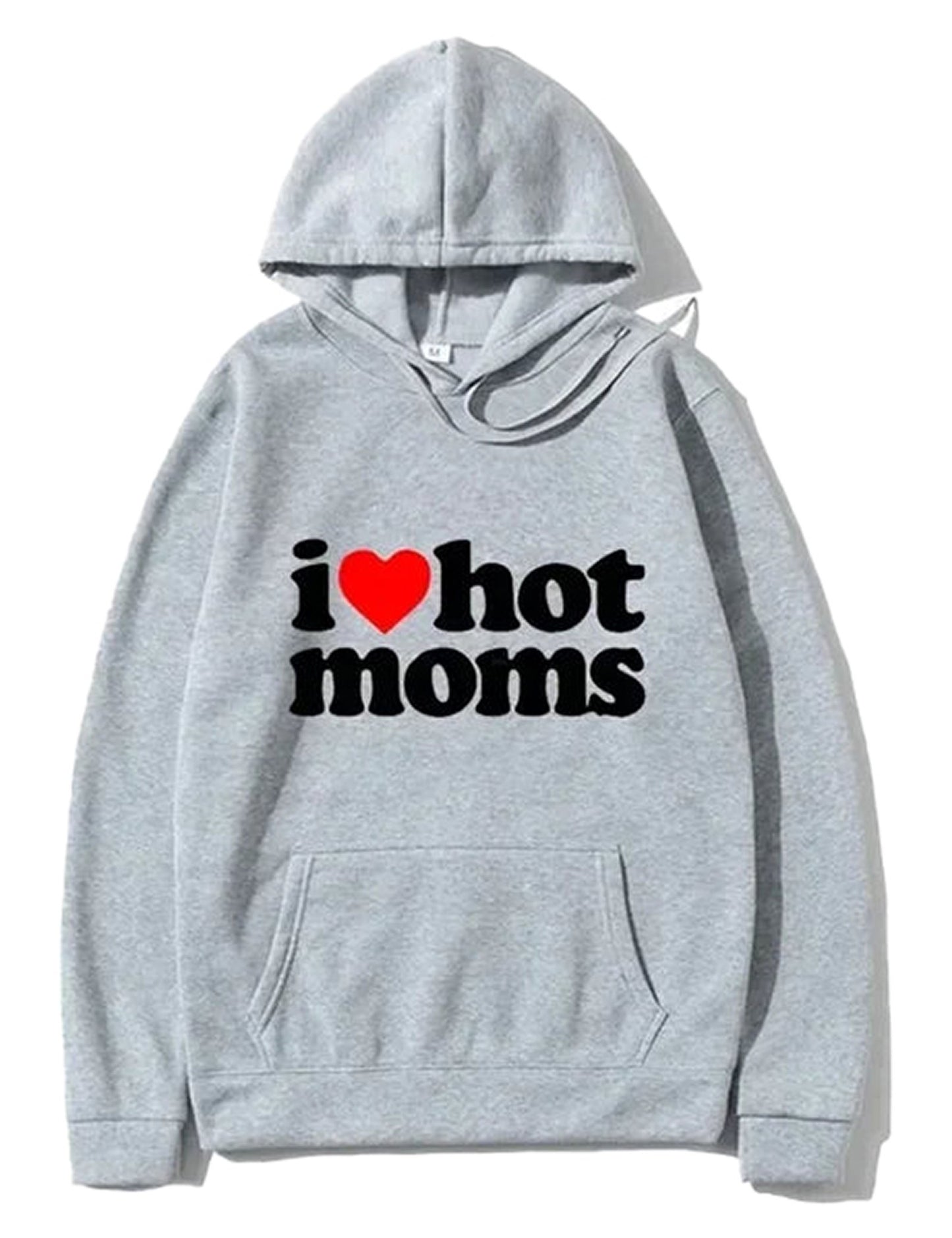 Gray I Love Hot Moms hoodie with a front pocket and vibrant graphic print