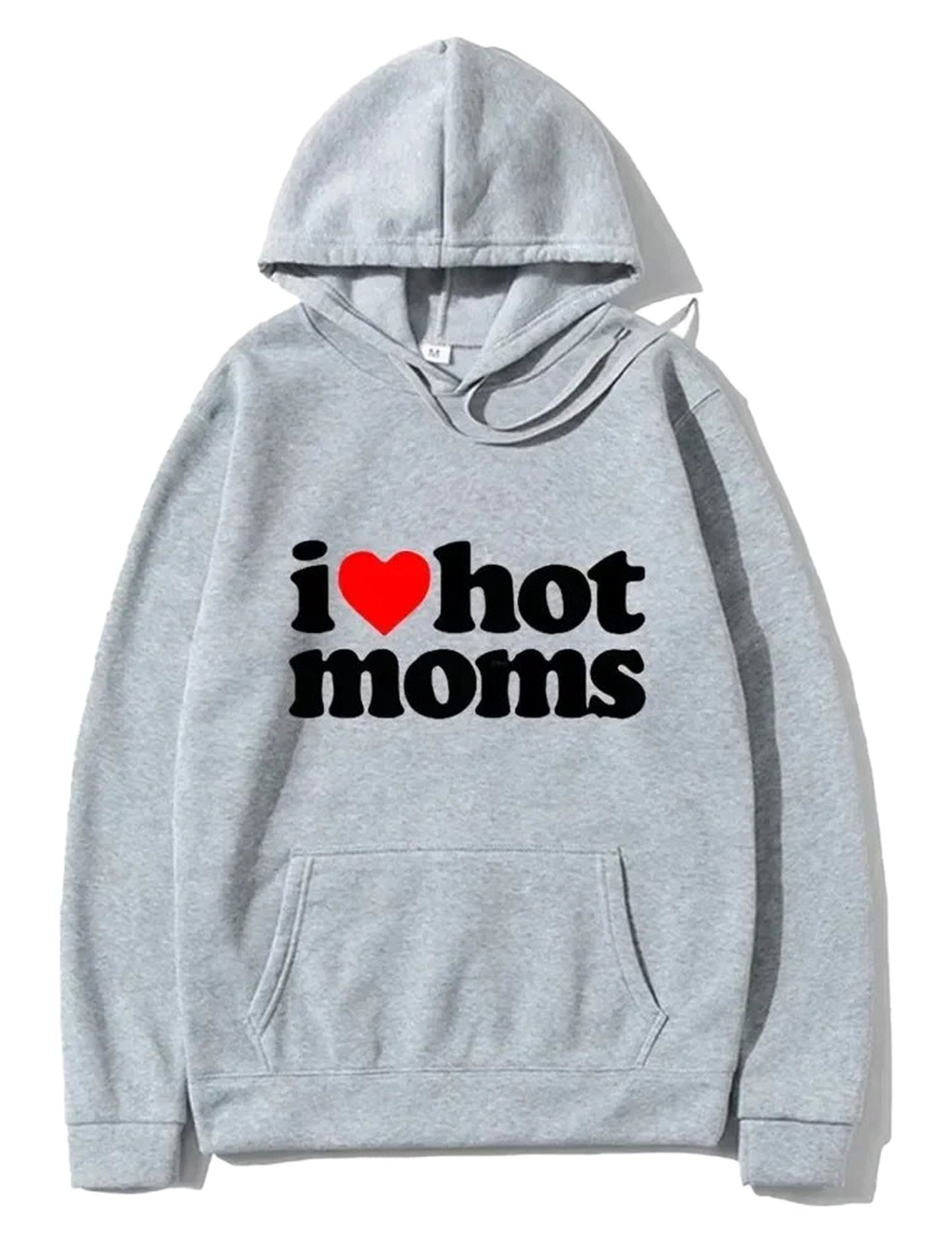 I Love Hot Moms hoodie in gray with a bold graphic design and front pocket for stylish comfort