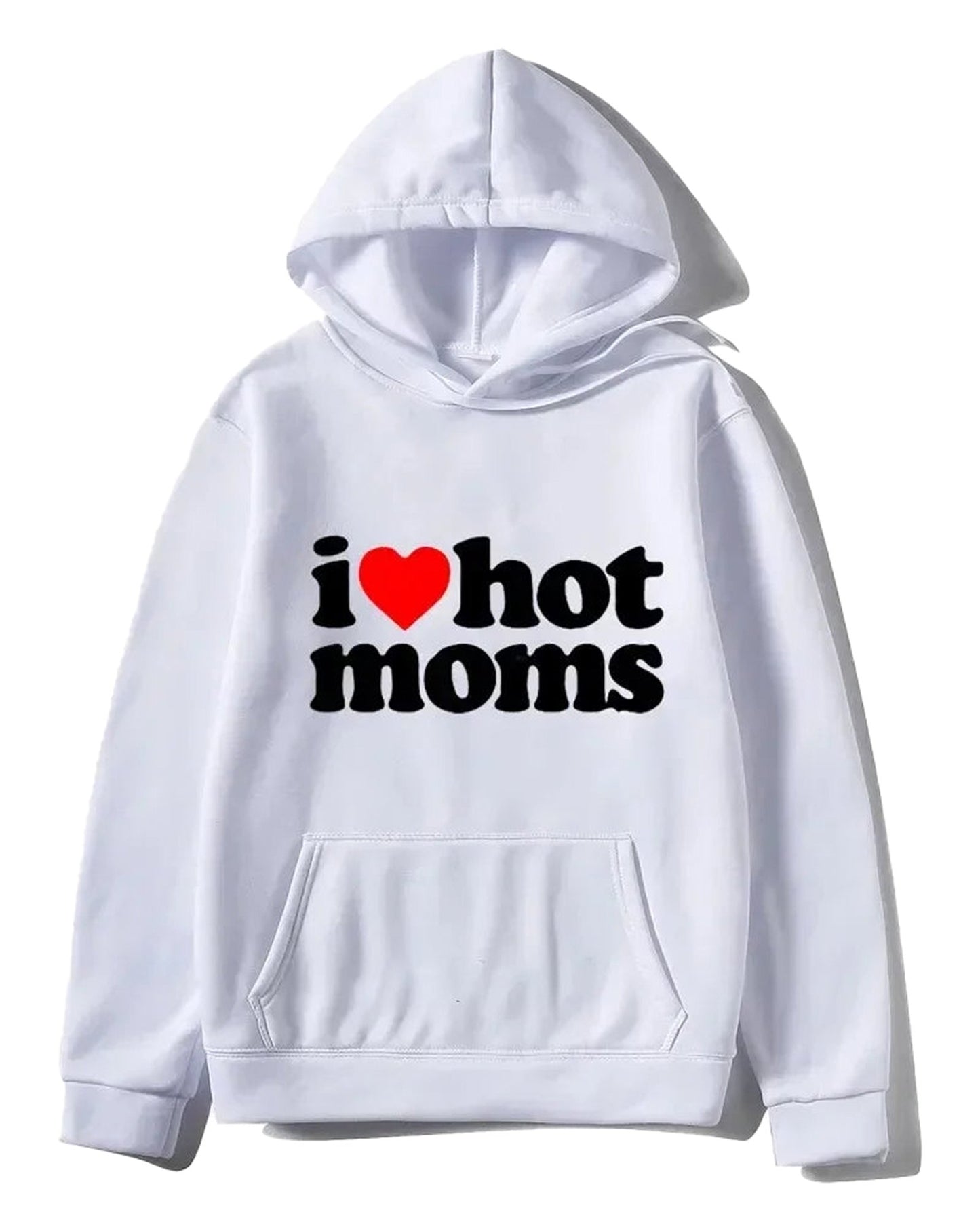 LuckeLadybug LLC I Love Hot Moms hoodie in white with bold graphic text