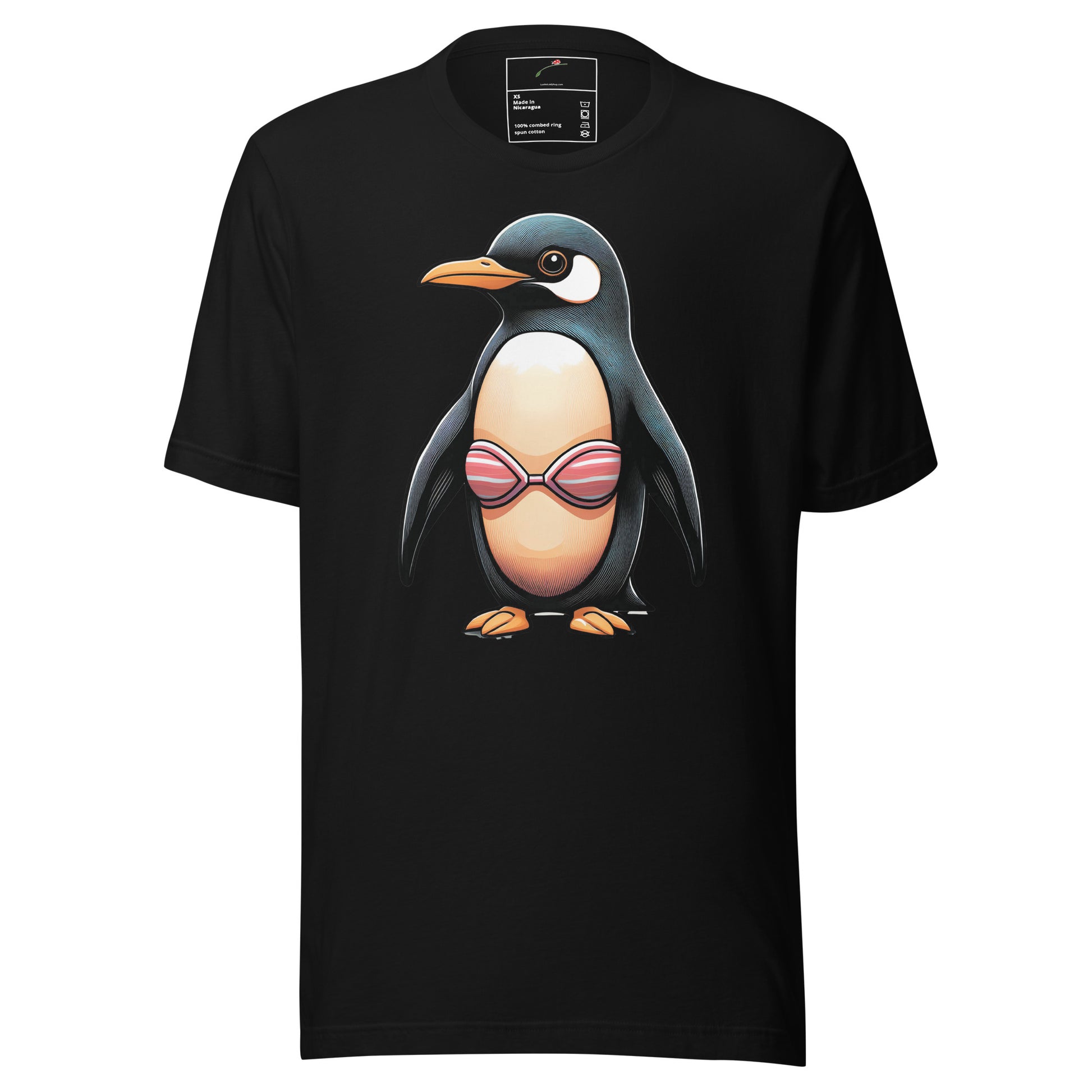Black T-Shirt featuring Ice Breaker Style Penguin Bikini Design Tee with a penguin wearing a pink bikini top