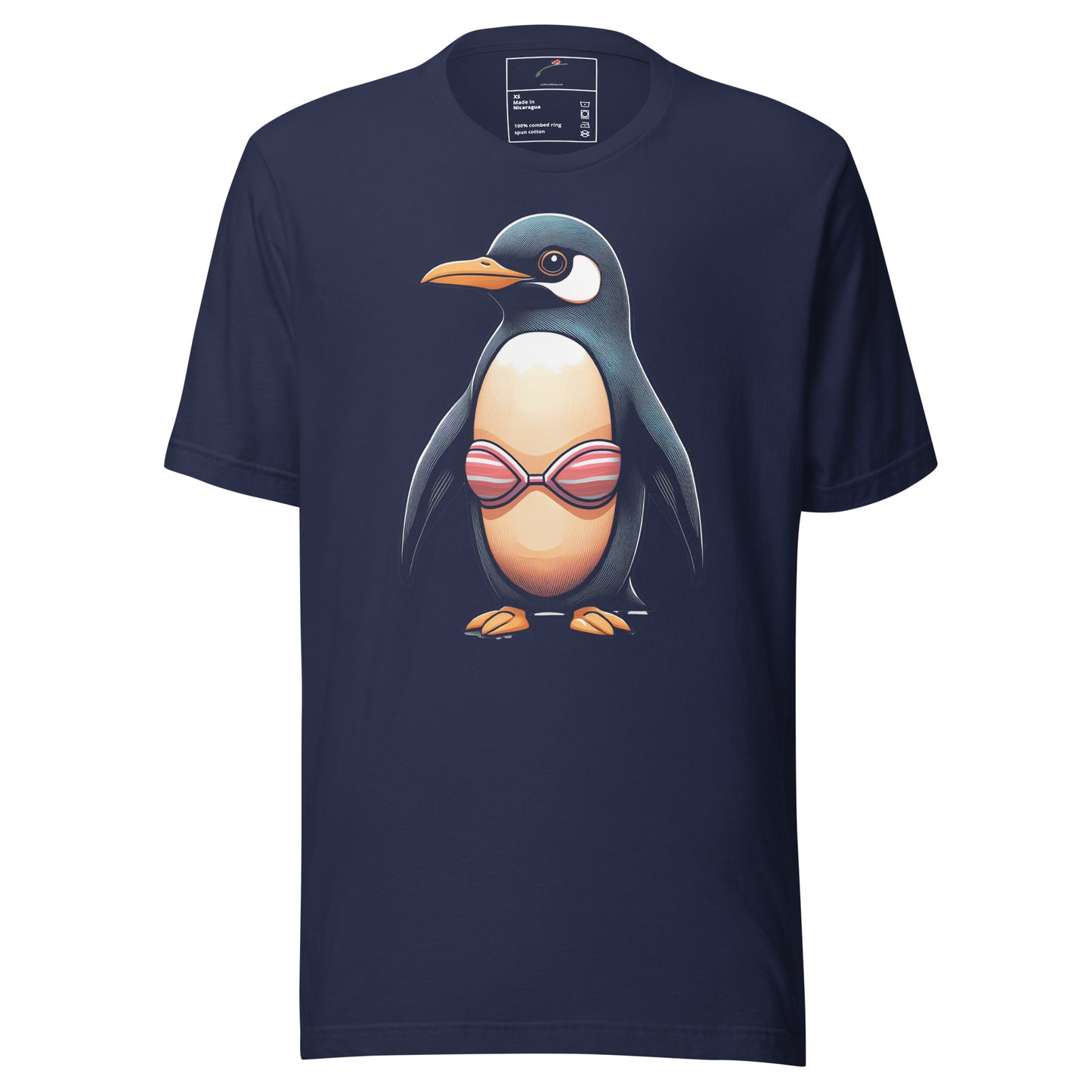 LuckeLadybug Ice Breaker Style Penguin Bikini Design Tee with navy blue fabric and penguin graphic