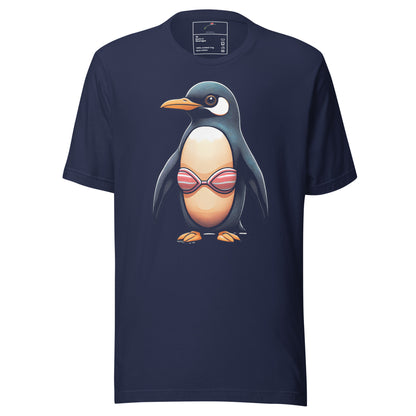 LuckeLadybug Ice Breaker Style Penguin Bikini Design Tee with navy blue fabric and penguin graphic