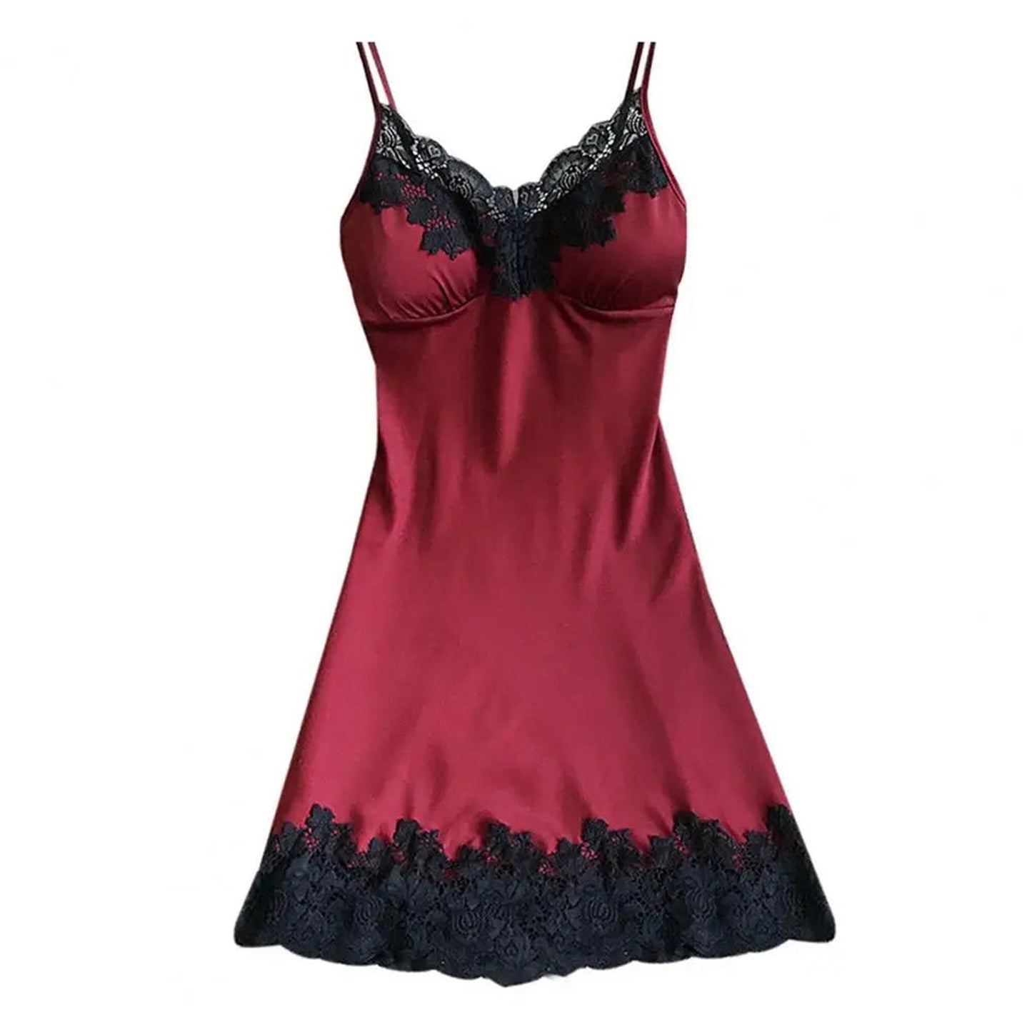 Luxury LuckeLadybug ice silk backless nightgown for women in burgundy with delicate black lace accents