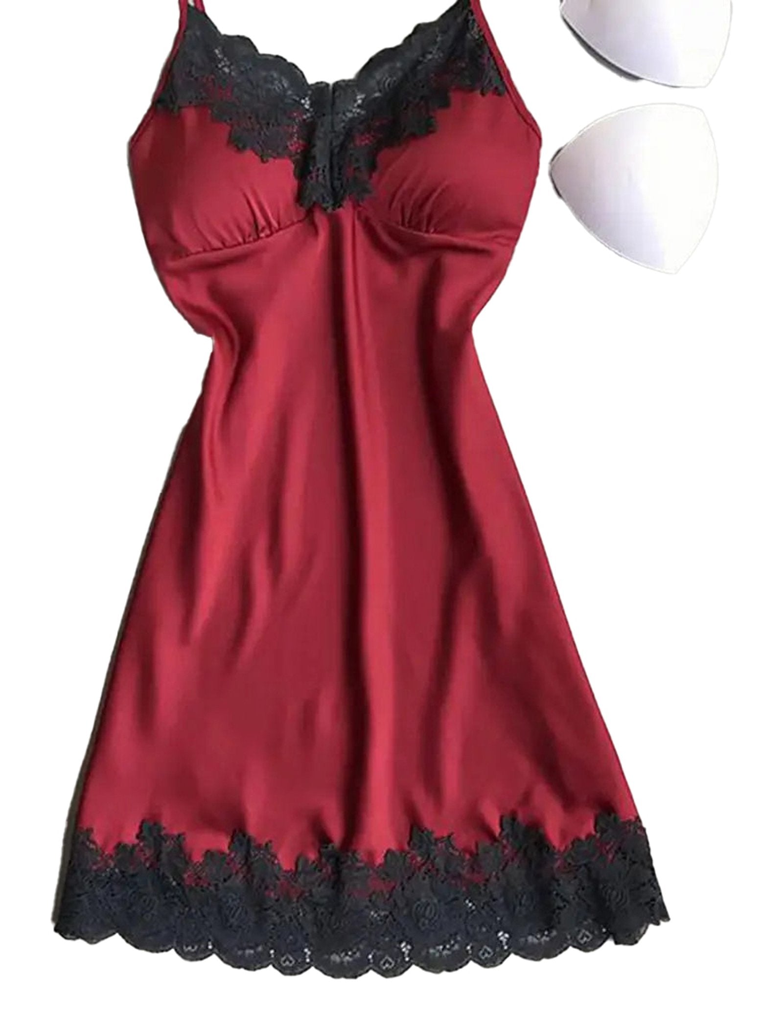 Red LuckeLadybug LLC ice silk backless nightgown for women with lace detailing and adjustable straps