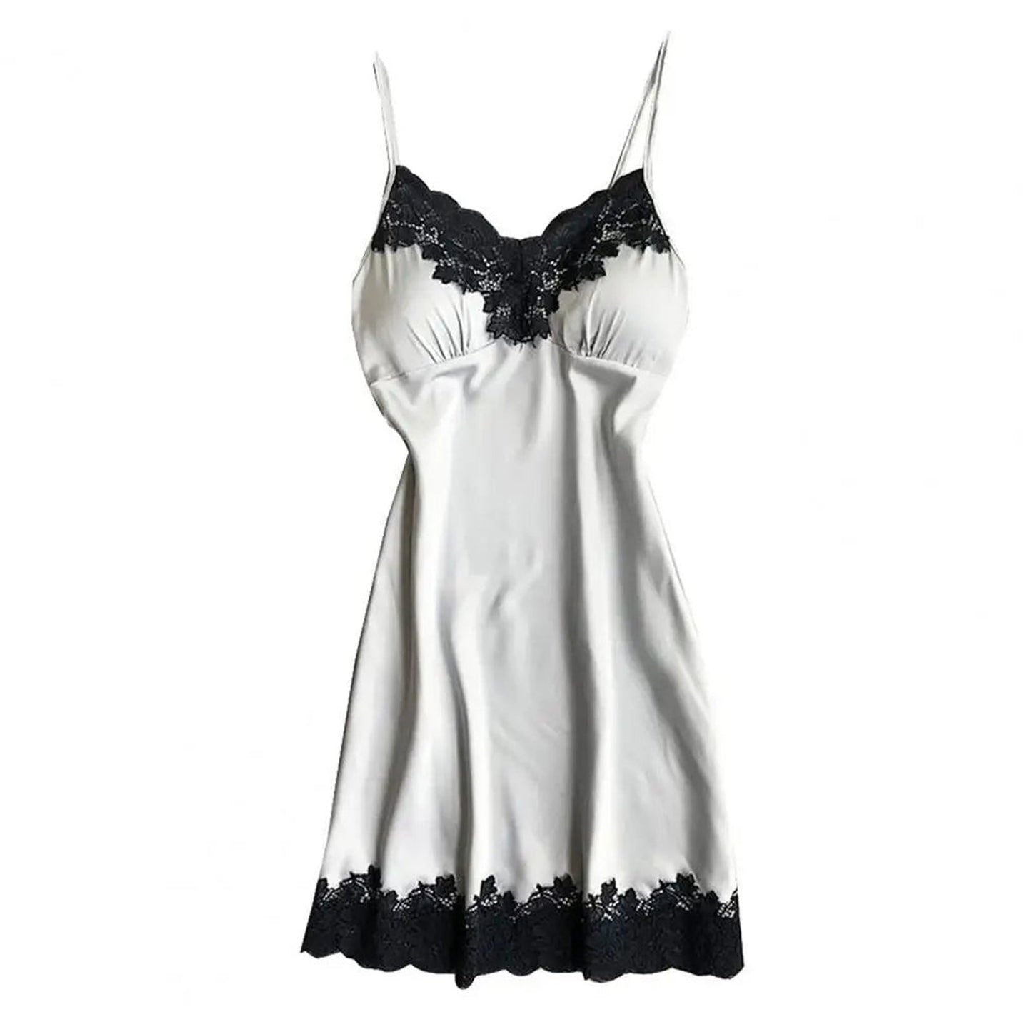 LuckeLadybug LLC ice silk backless nightgown for women with delicate lace trim in black and white