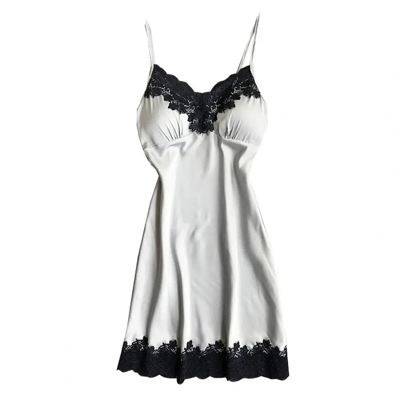 LuckeLadybug LLC ice silk backless nightgown for women with delicate lace trim in black and white