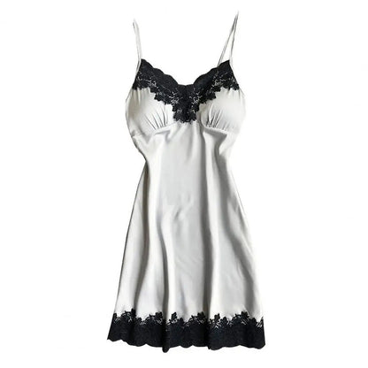 LuckeLadybug LLC ice silk backless nightgown for women with delicate lace trim in black and white
