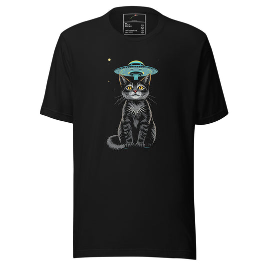 Black LuckeLadybug t-shirt featuring an illustrated cat UFO shirt design with a cat and UFO graphic