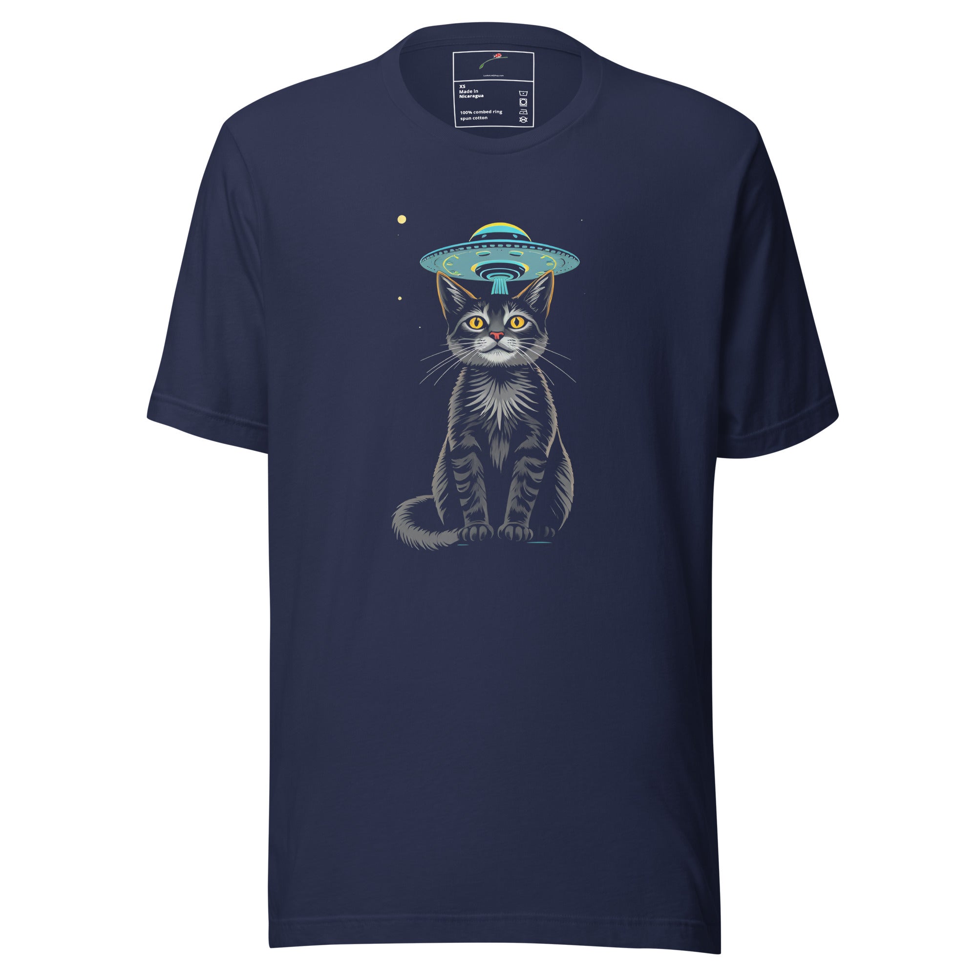Navy LuckeLadybug illustrated cat UFO shirt featuring a detailed cat with a UFO above its head