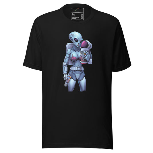 Black LuckeLadybug t-shirt featuring an alien astronaut graphic for intergalactic adventure graphic tee