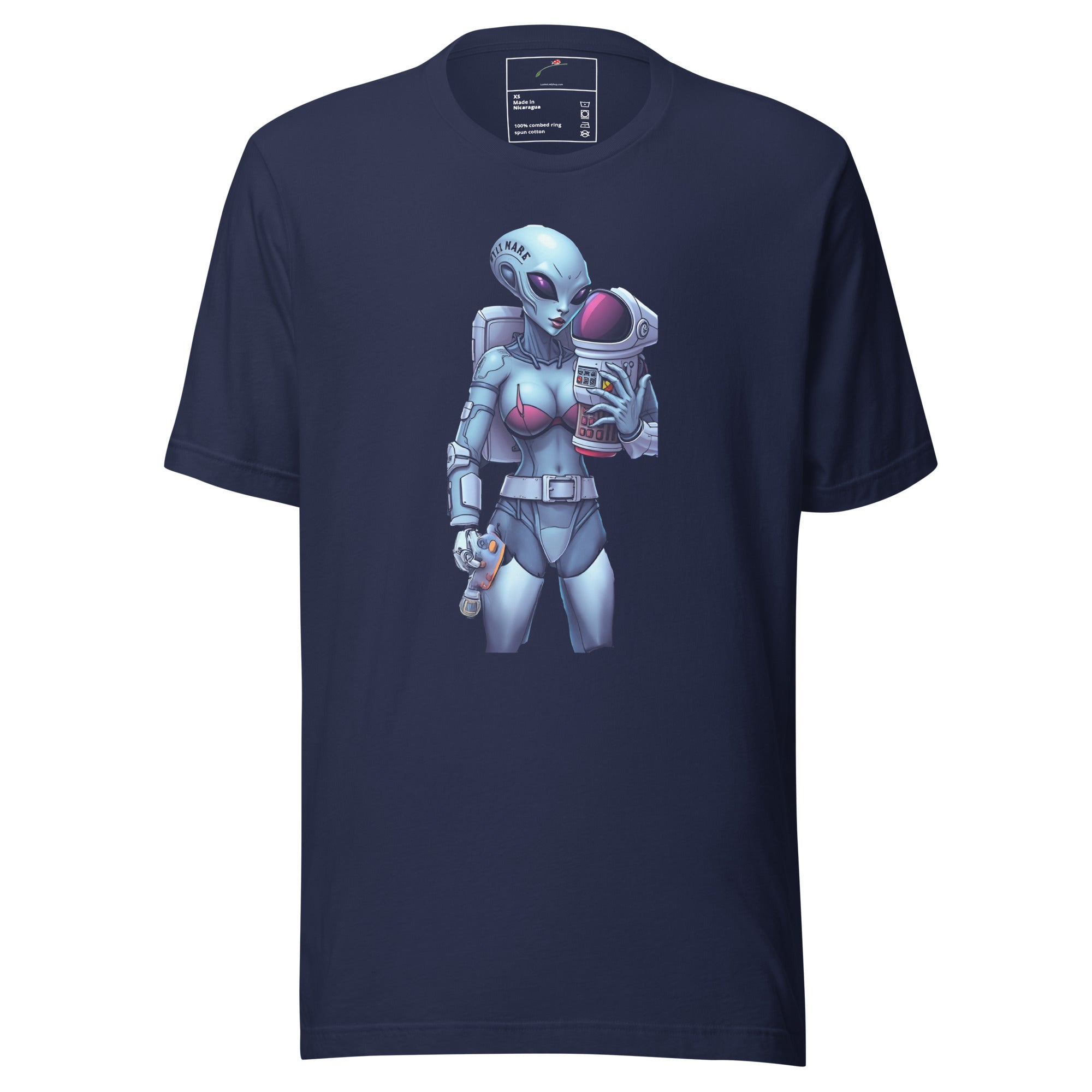 LuckeLadybug navy t-shirt featuring an alien holding a helmet in intergalactic adventure graphic tee design