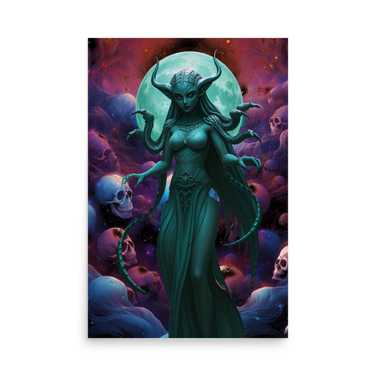 Intergalactic alien poster featuring a horned female figure with tentacles and skulls in space background