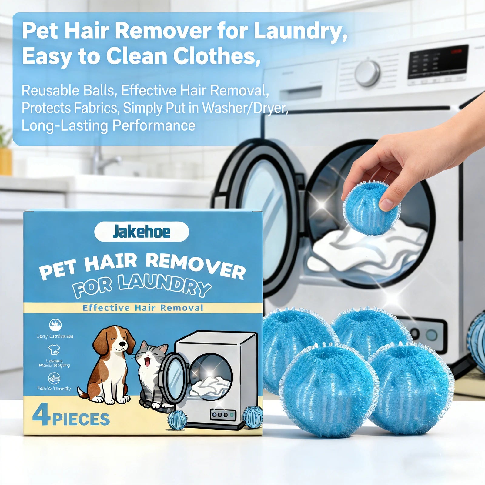 Jakehoe Pet Hair Remover for Laundry, reusable dryer balls effective in removing hair from clothes