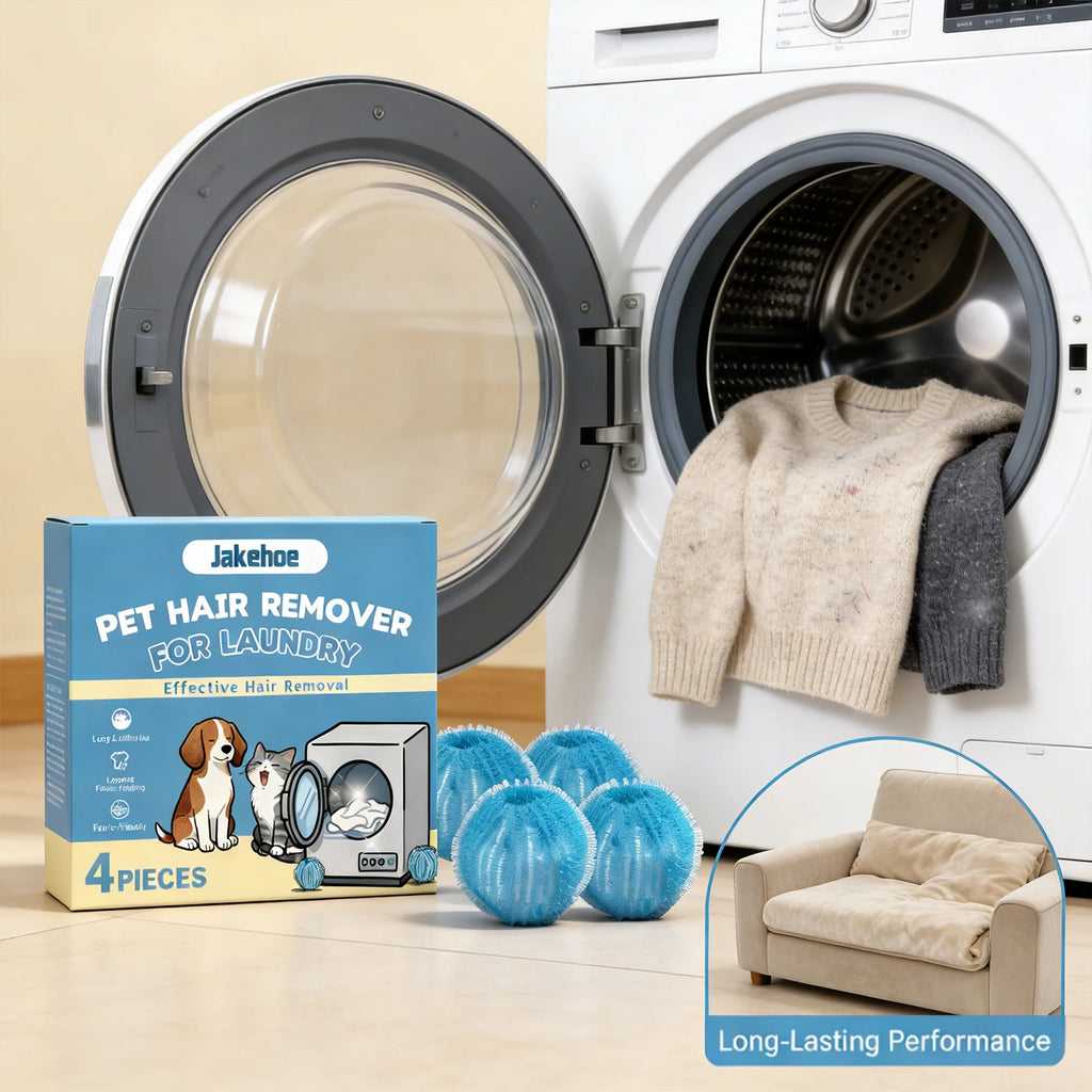 Laundry dryer balls by LuckeLadybug LLC in a washing machine with pet hair remover packaging