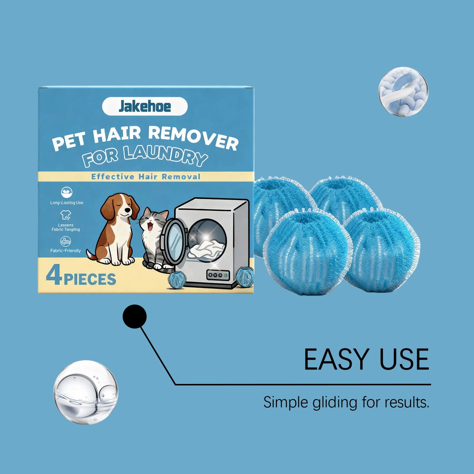 Jakehoe Pet Hair Remover for Laundry with 4 pieces of laundry dryer balls for effective hair removal
