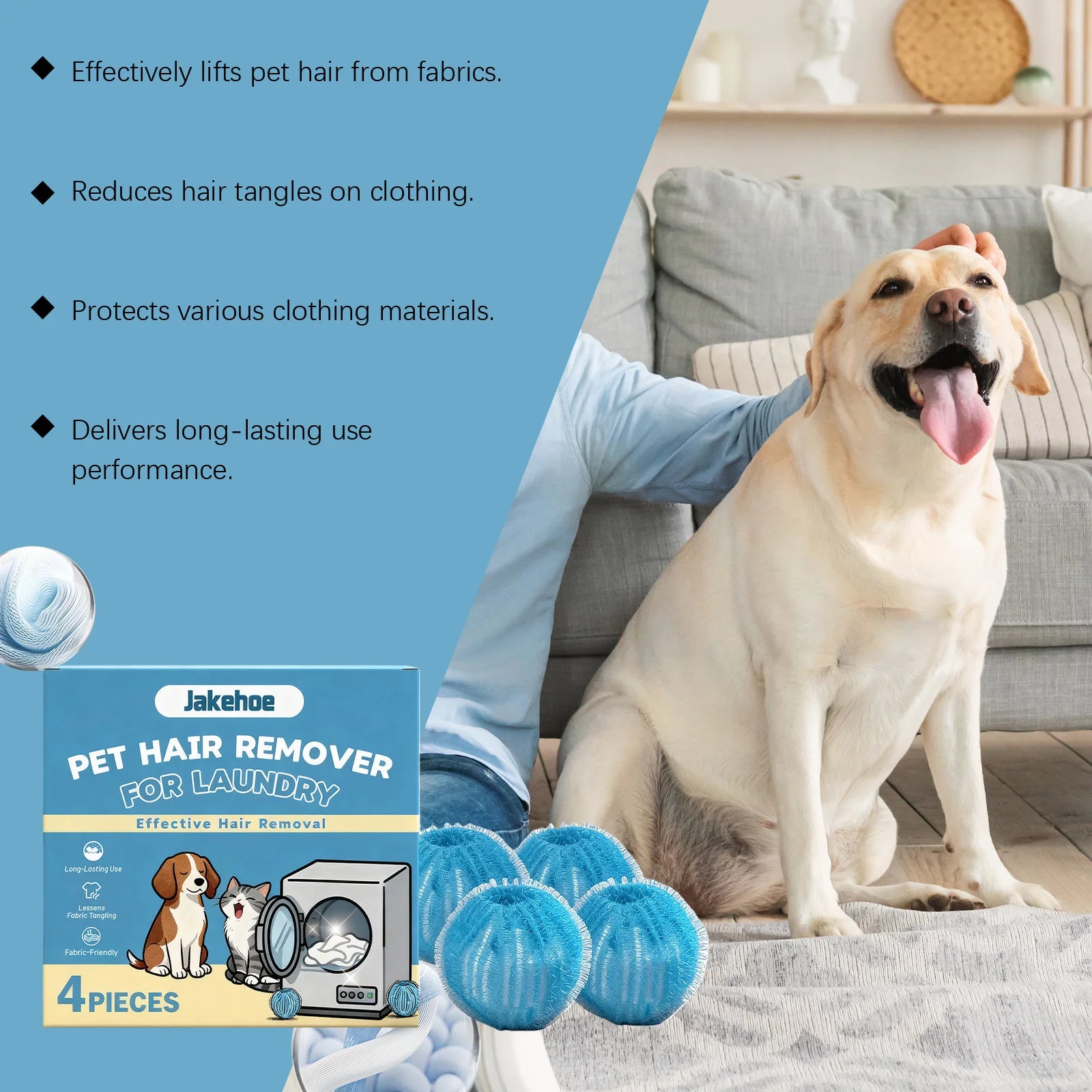 Jakehoe laundry dryer balls with packaging in a pet-friendly home for effective hair removal