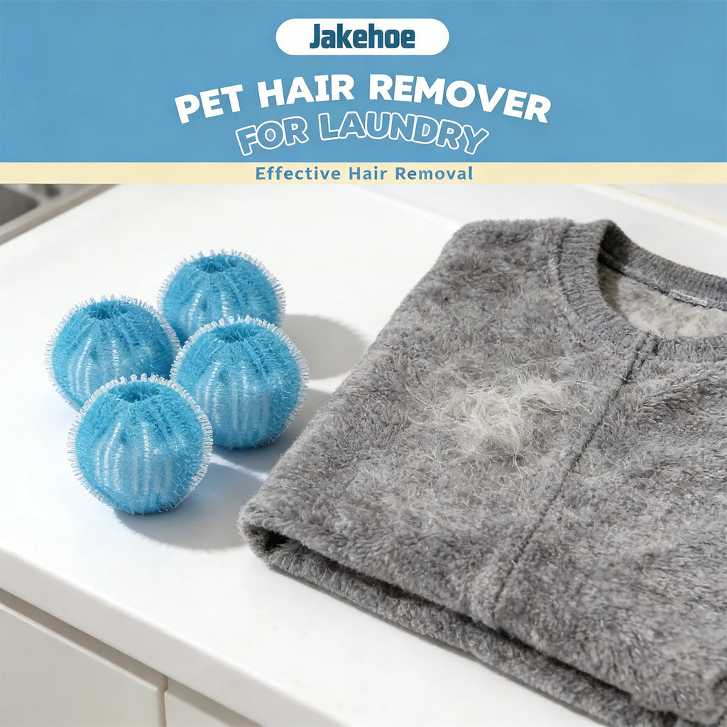 Jakehoe pet hair remover for laundry with three laundry dryer balls on a gray sweater