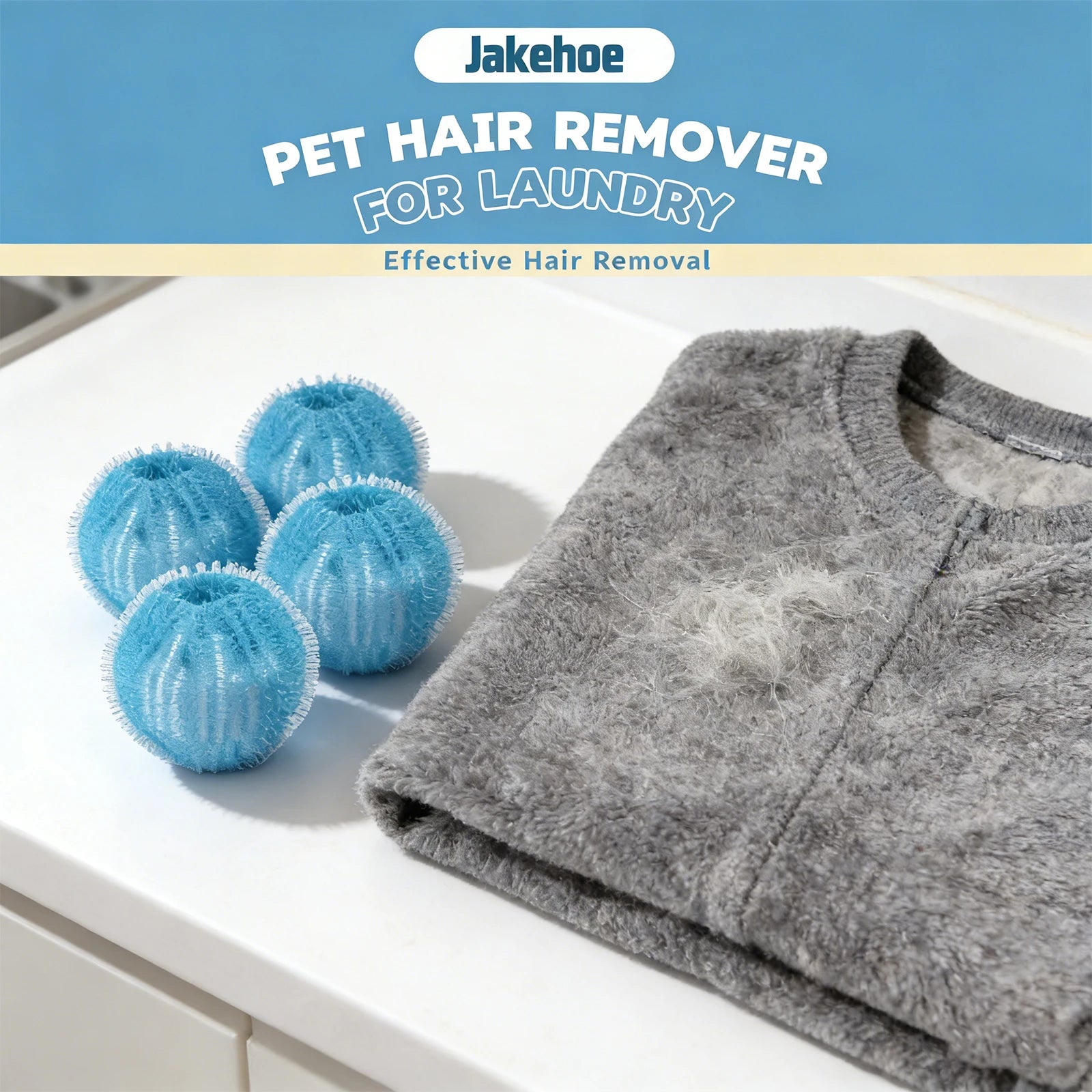 Jakehoe pet hair remover for laundry with three laundry dryer balls on a gray sweater
