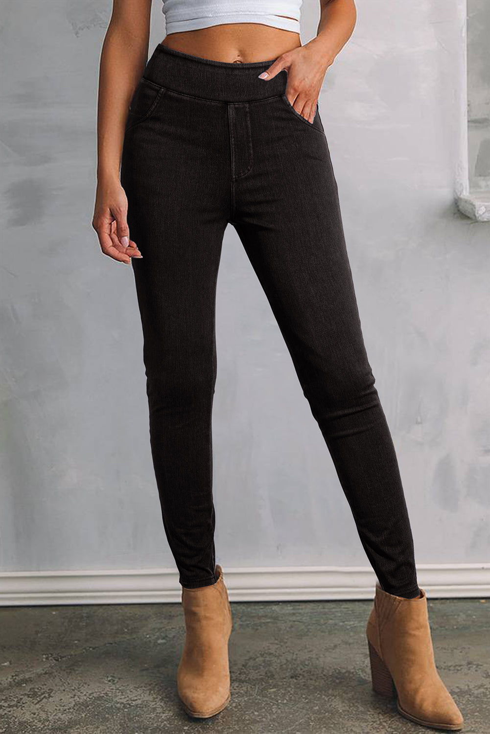 LuckeLAdybug LLC black leggings styled as jeans with high waist for a flattering fit