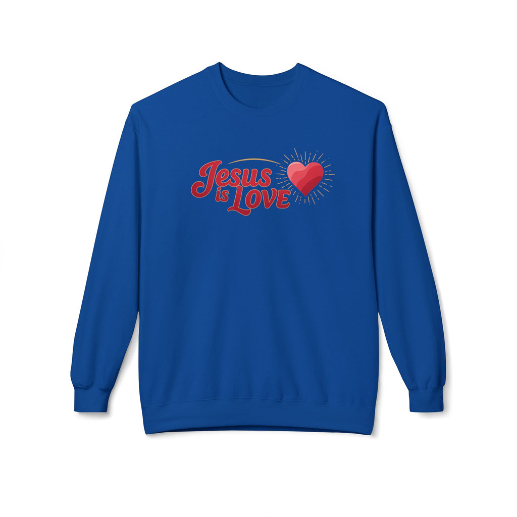Blue Jesus is Love sweatshirt with red heart graphic and long sleeves by LuckeLadybug